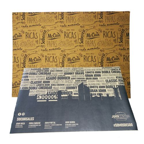 Papel kraft cortado en hojas, ideal para la industria gastronomica, se puede personalizar con la marca de la empresa. 